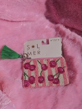 Pink Beaded Cherry Coin Pouch with Green Tassel
